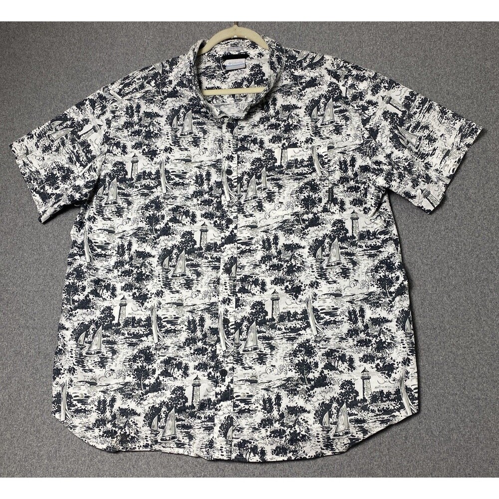 Columbia Regular Fit Lighthouse Sailboat Print Button Up Shirt Sz XXL